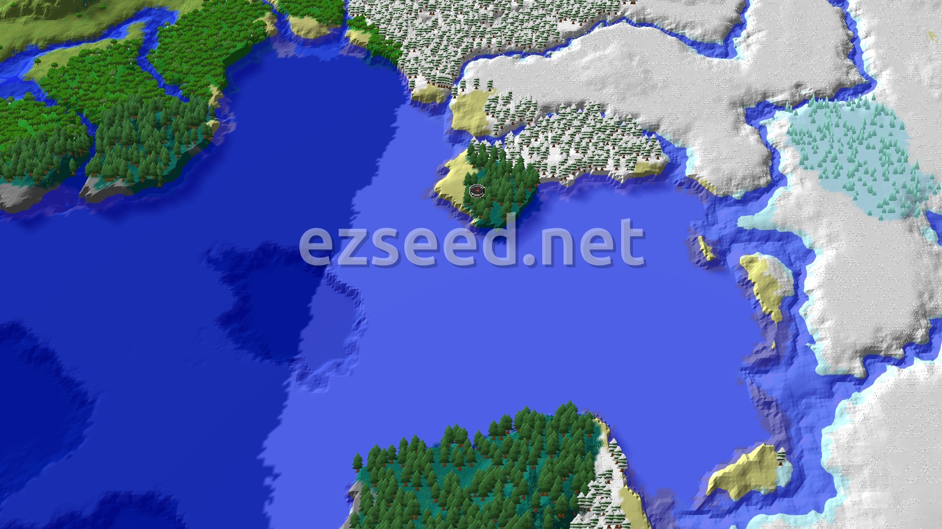 Aerial Minecraft seed map — Abandoned Camp on a Snowy Taiga Shore