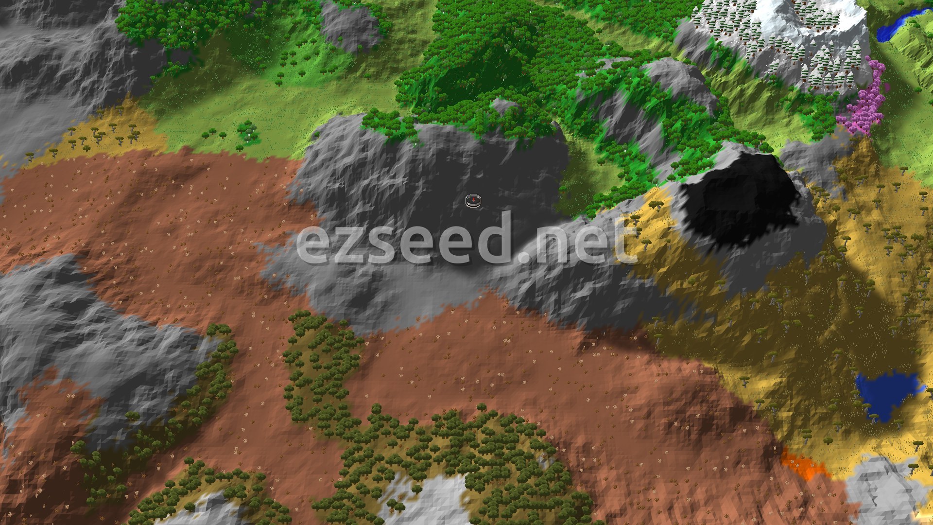Terracotta-red badlands sweep across the foreground, a grey stone ridge holds the spawn marker, and dense green forest and a snowy peak rise to the north with a blue lake to the east.