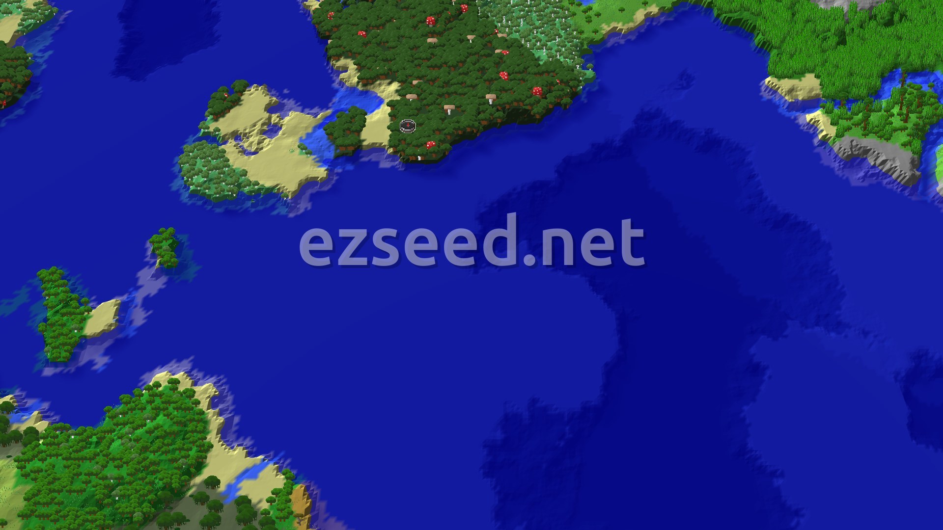 A bird's-eye view of a varied landscape, featuring a large expanse of dark forest bordering a sandy coastline and a wide ocean.