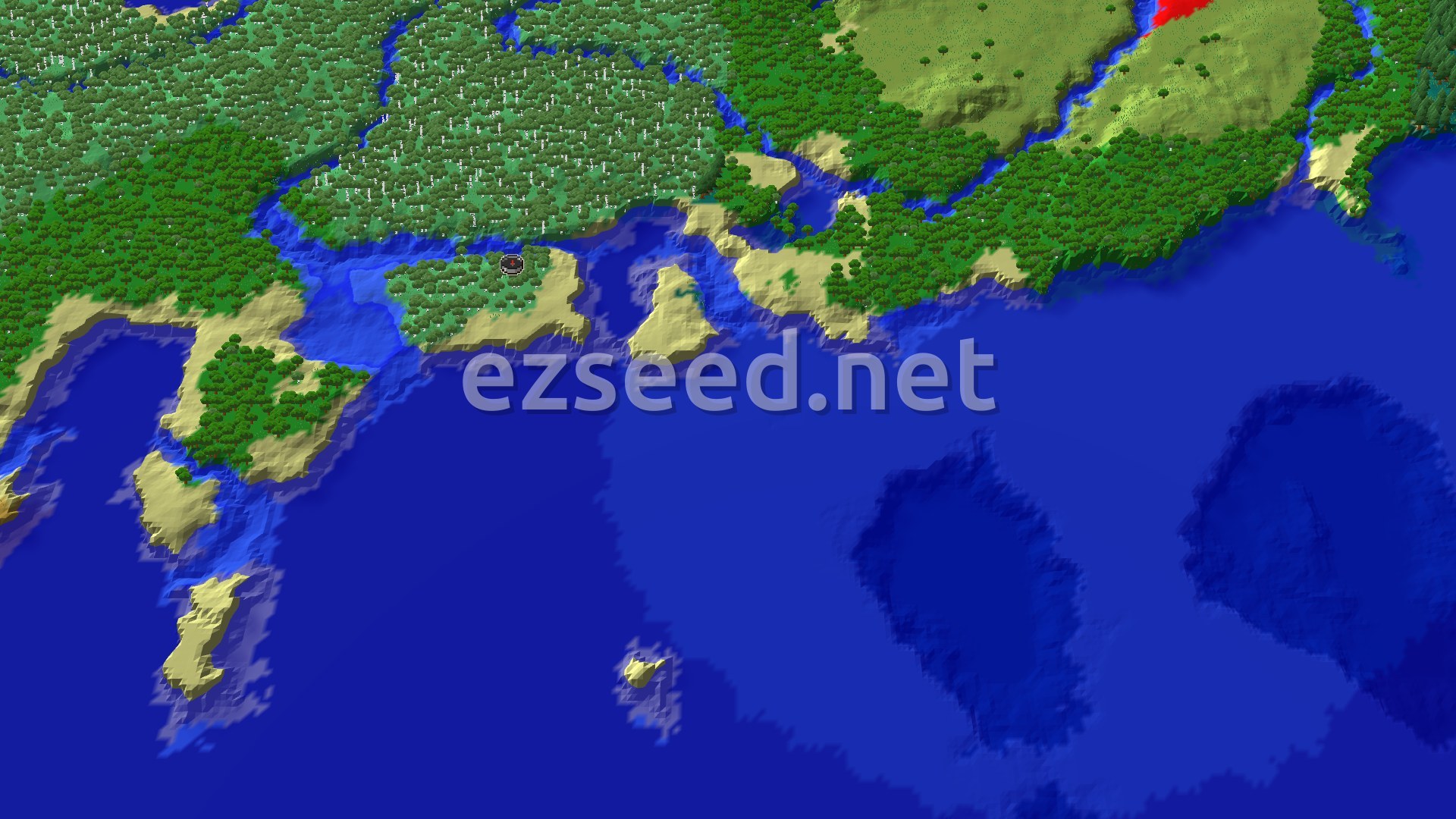 A bird's-eye view of a varied landscape featuring a large ocean, sandy beaches, and dense forests with a small spawn marker in a birch forest.