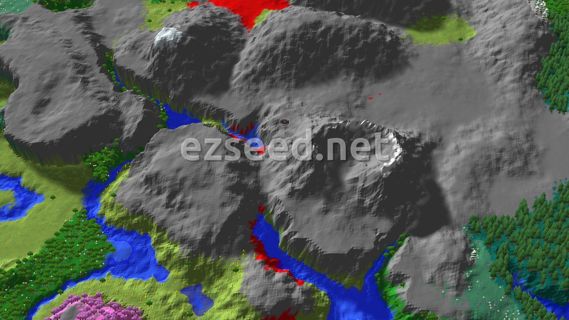 A 3D fly-over of a varied landscape, showing grey mountains, green plains, a blue river, and patches of pink cherry trees and dark green forests near the spawn marker.