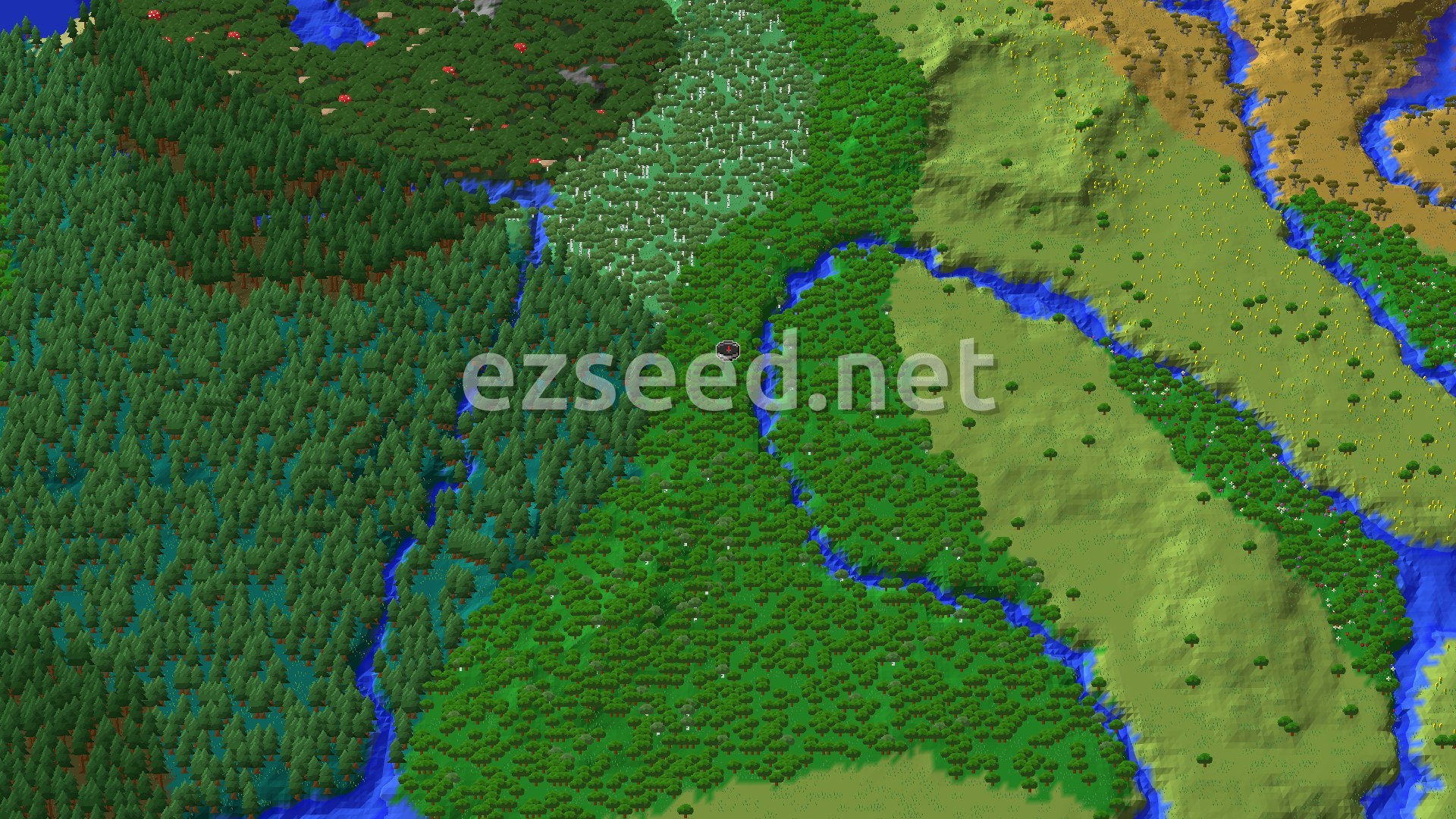 An overhead view of a diverse landscape with dense forests, winding rivers, and lighter plains, with a small spawn marker in the center.