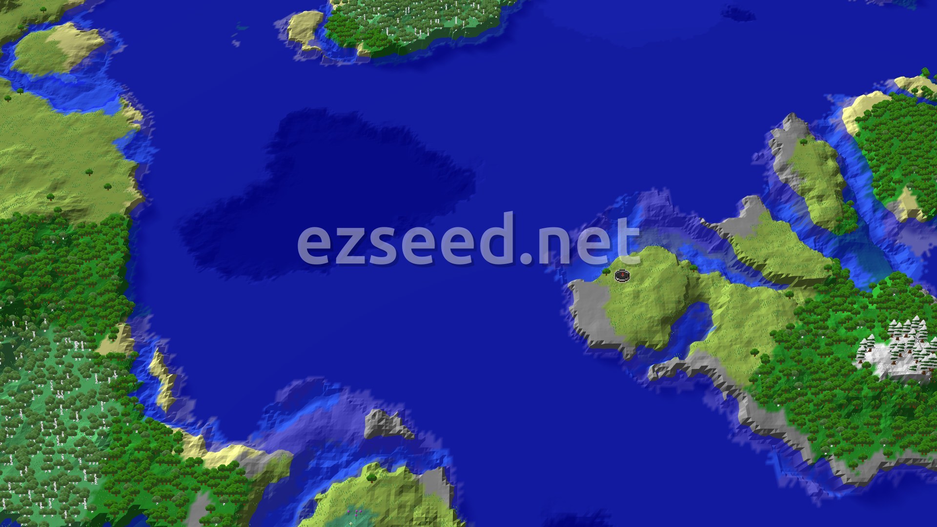 An aerial view of a large blue ocean with several green islands and landmasses, some with trees and rocky shores. A small marker indicates the spawn point on one of the larger islands.