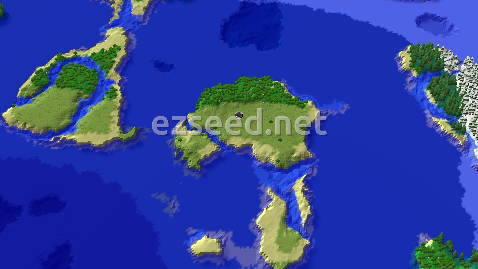 A bird's eye view of a large, irregularly shaped island covered in green plains and forests, surrounded by blue ocean. A small spawn marker is visible near the center of the island.