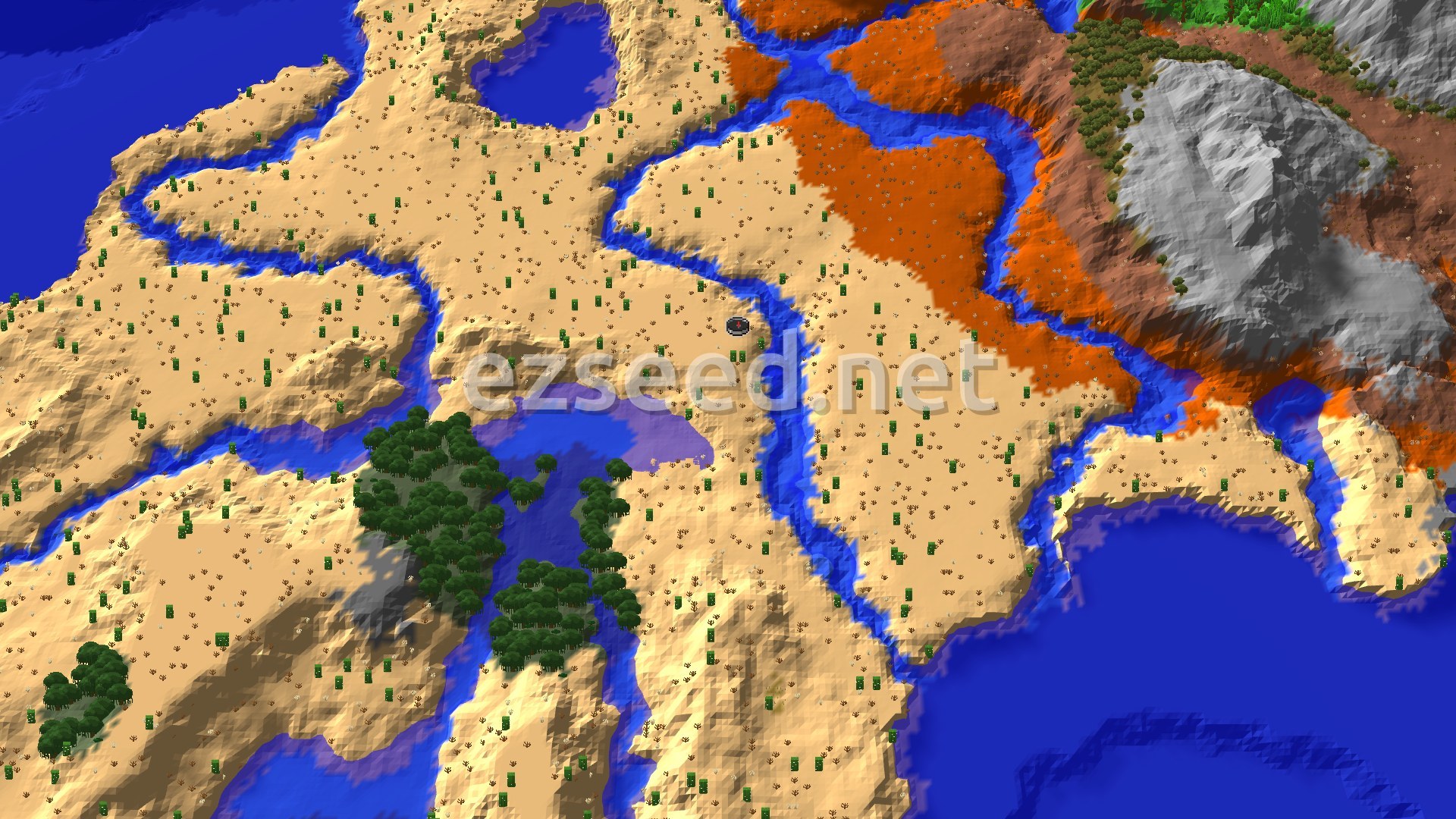 A 3D fly-over shows a wide desert with a river winding through it. To the north and east, the desert transitions into orange-hued badlands and some grey stony peaks, with scattered green trees. A small spawn marker sits in the center.