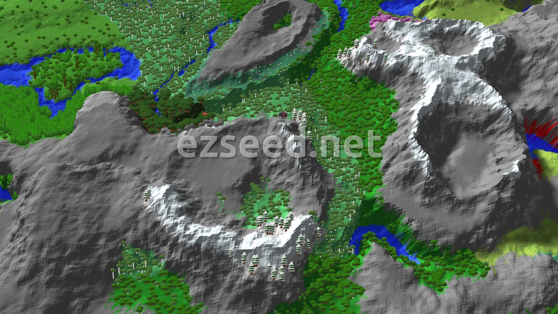 A fly-over of grey, snow-capped peaks wrapping a forested hollow, with birch and oak woods, a few rivers and a pink grove edge at the top.