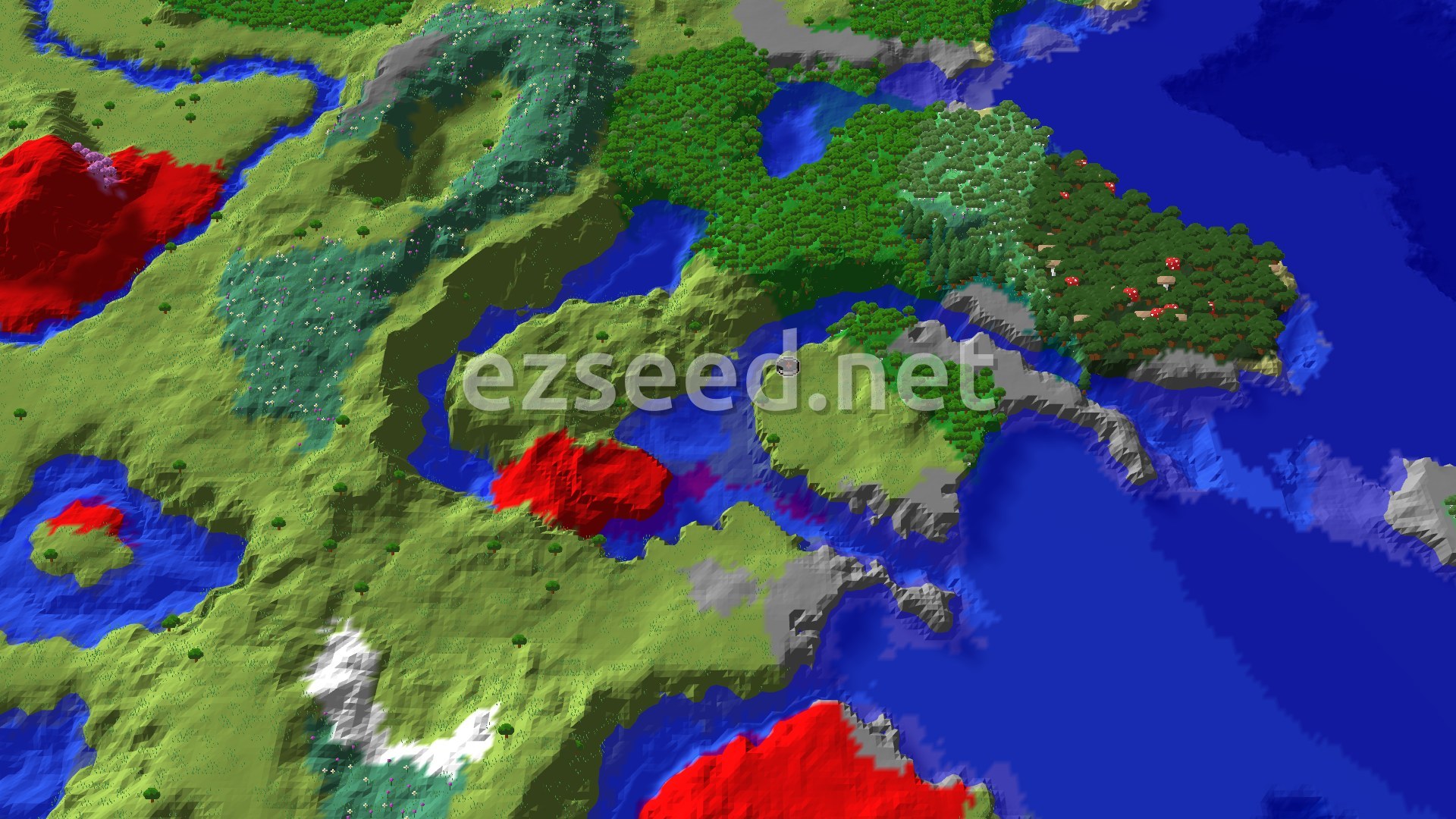 Aerial Minecraft seed map — Dappled Forest Beside a Plains Lake and Ocean Ruin