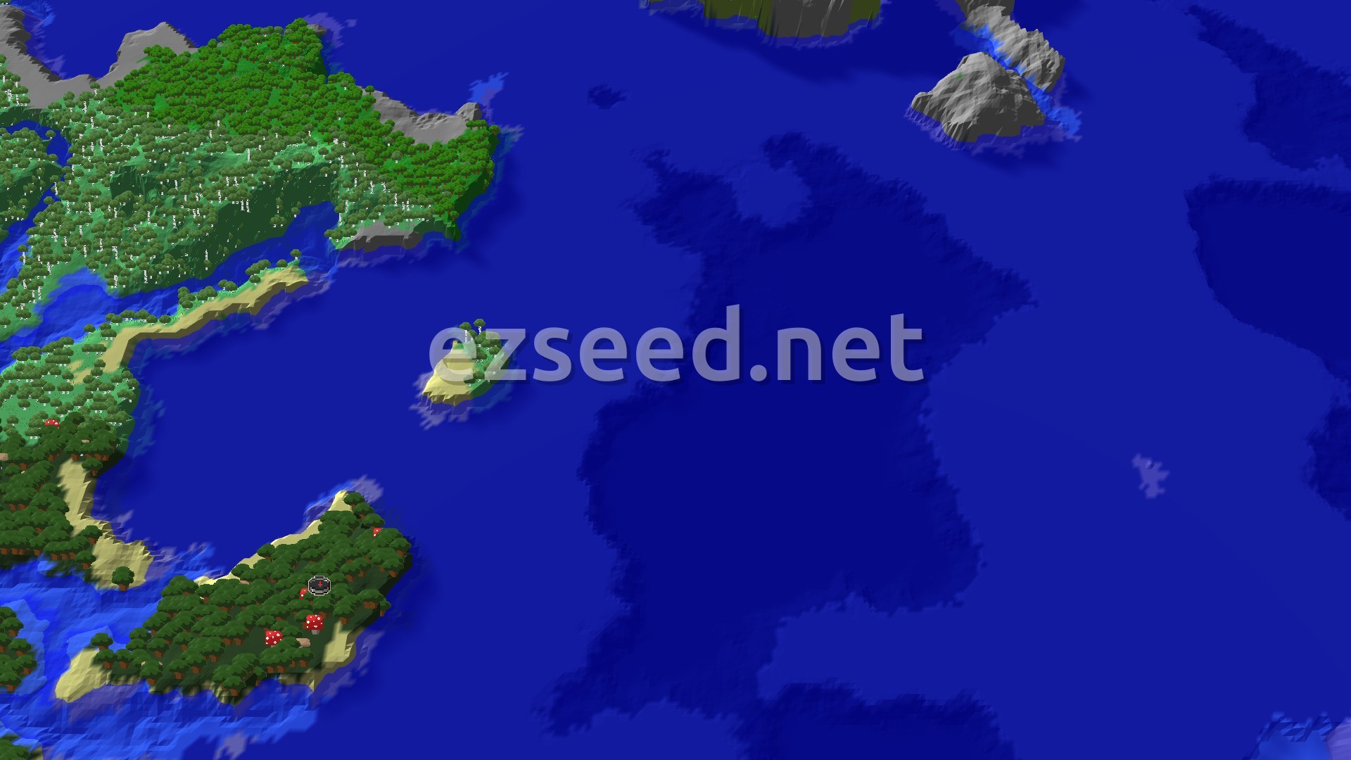 An overhead 3D view of several islands in a vast ocean. The largest island has a dense dark forest and a beach. Another smaller island is also covered in dark forest with some red mushrooms visible. A tiny marker indicates the spawn point on the main island.