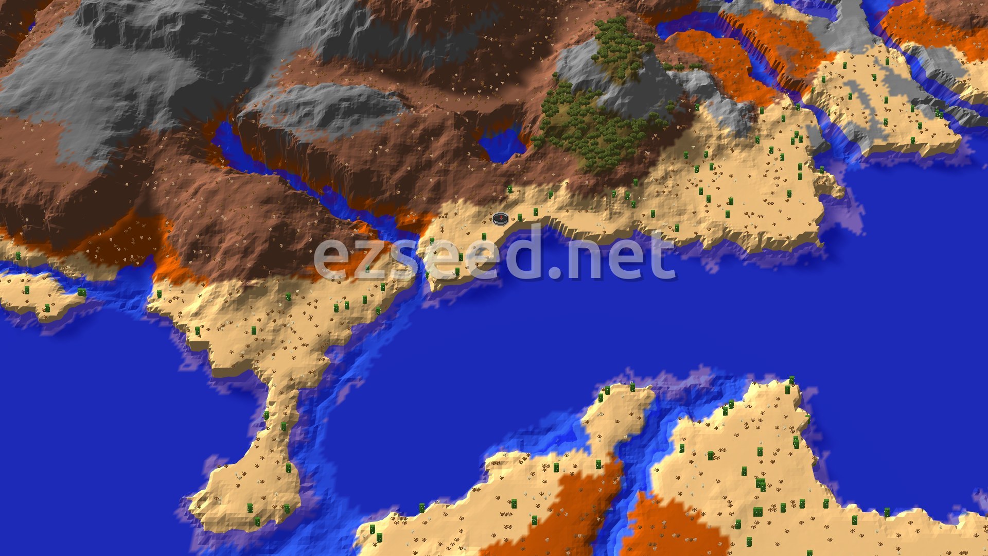 A sandy desert shoreline dotted with cacti curves along a bright blue warm ocean, with terracotta badlands and grey rock rising behind it and more sand spits across the water.
