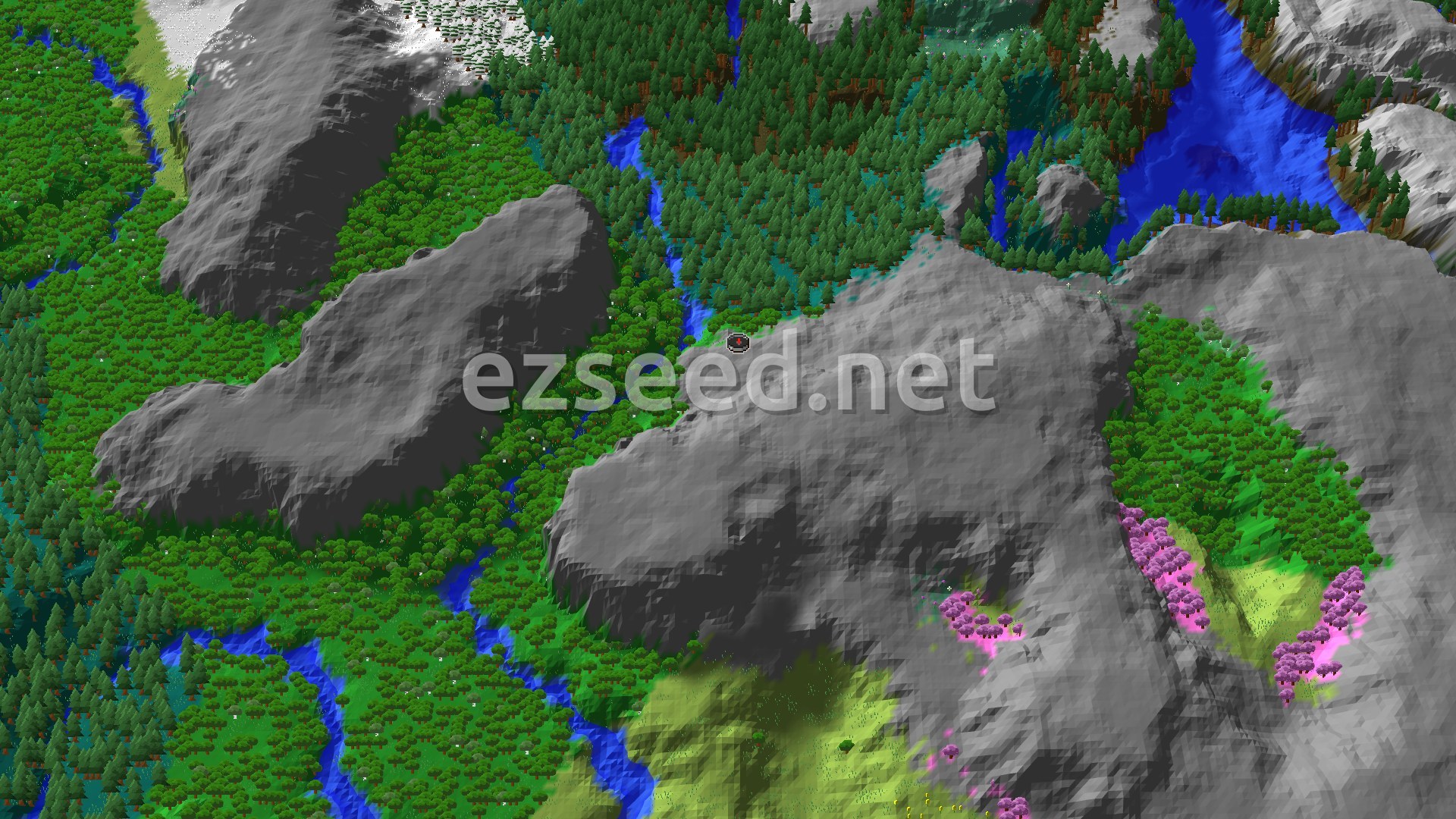 A 3D fly-over of a mountainous landscape with dense green forests, winding blue rivers, and patches of pink cherry blossom trees, with a small spawn marker at the center.