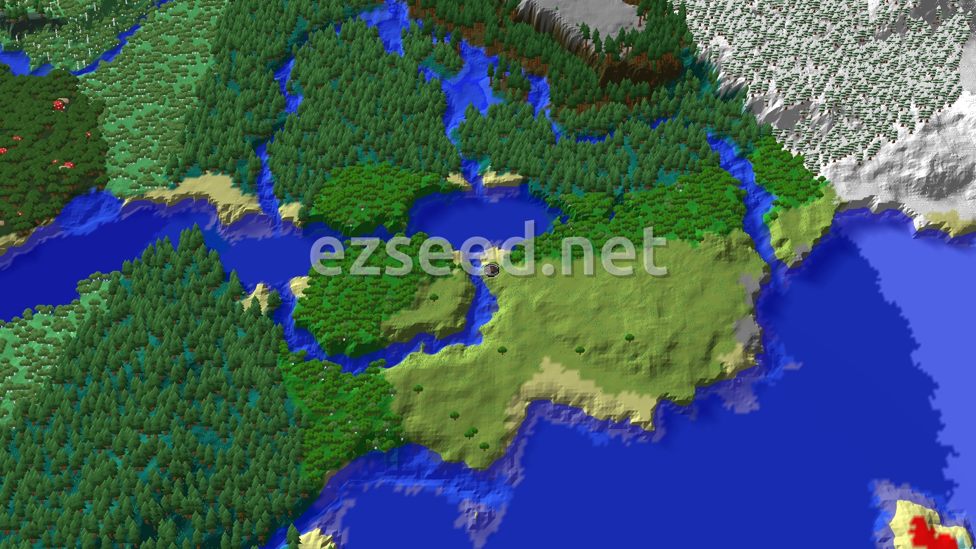 A grassy plains headland juts into deep blue water, ringed by dense spruce forest, with snow-covered ground in the upper right corner.