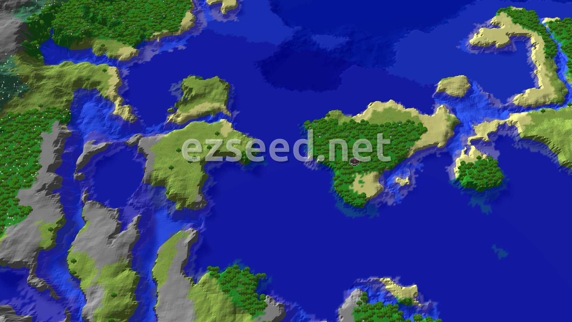 An aerial view of a large island covered in dense forest and some plains, surrounded by vast blue oceans, with smaller landmasses scattered around.