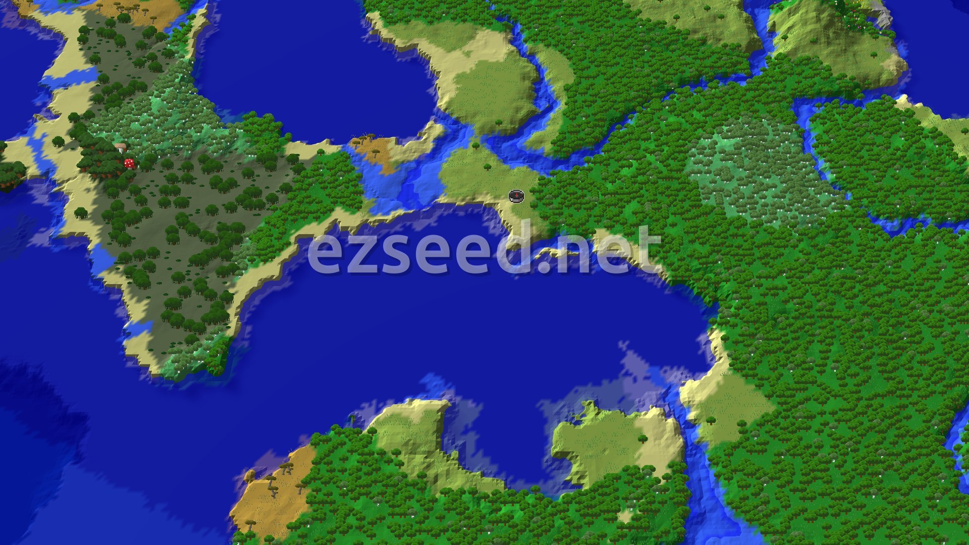 A top-down 3D view of a Minecraft world, showing a diverse landscape of plains, forests, and winding rivers emptying into a large ocean. A small spawn marker is visible near the center.