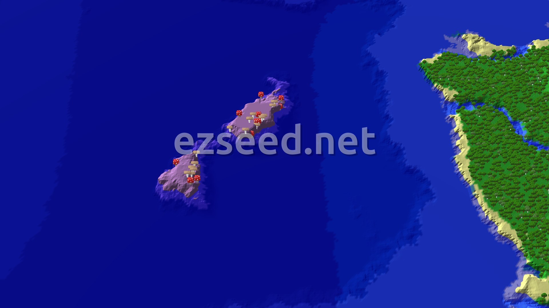 A 3D fly-over rendering of a large, deep blue ocean with a green forested landmass to the right and a reddish-purple Mushroom Fields island to the left, covered in red and white mushrooms.