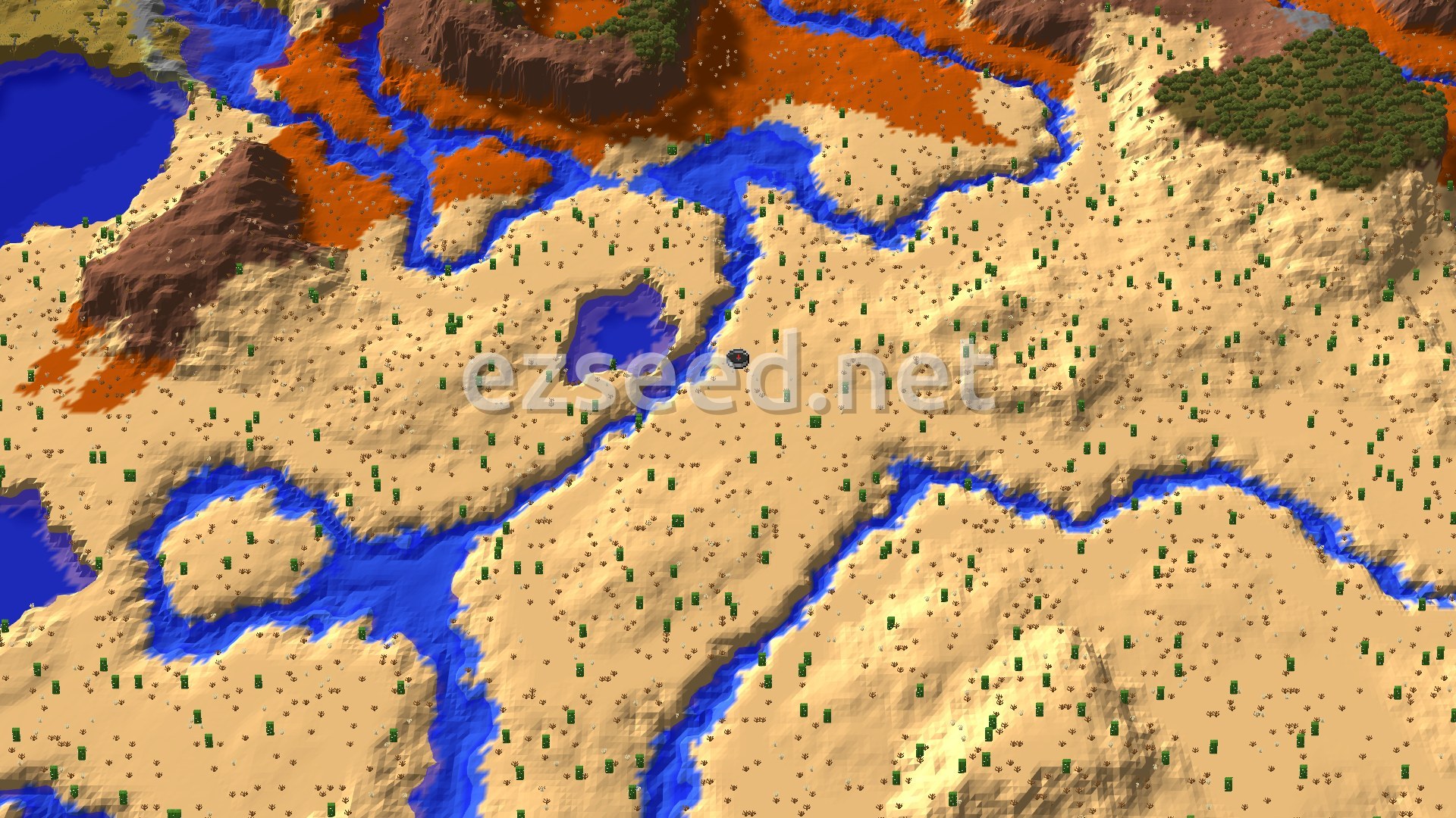An aerial view shows a desert landscape with many cacti and small shrubs, cut through by winding blue rivers. Patches of red badlands and some darker green forests are visible in the distance, with a small black spawn marker near the center.