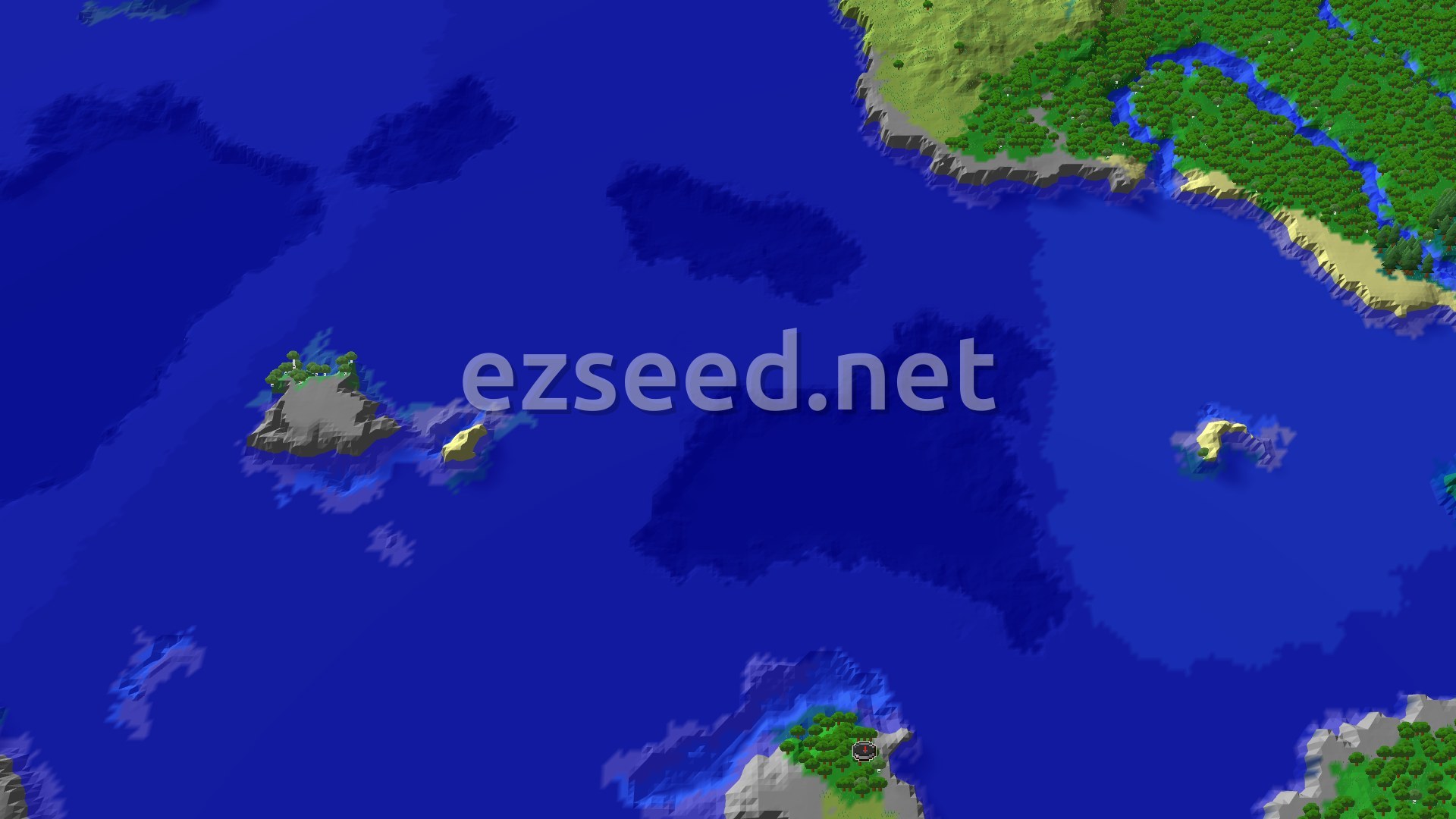A small forested headland with grey stone shores sits at the bottom of a wide blue ocean dotted with tiny islands, with a green forested coast and winding river in the upper right.