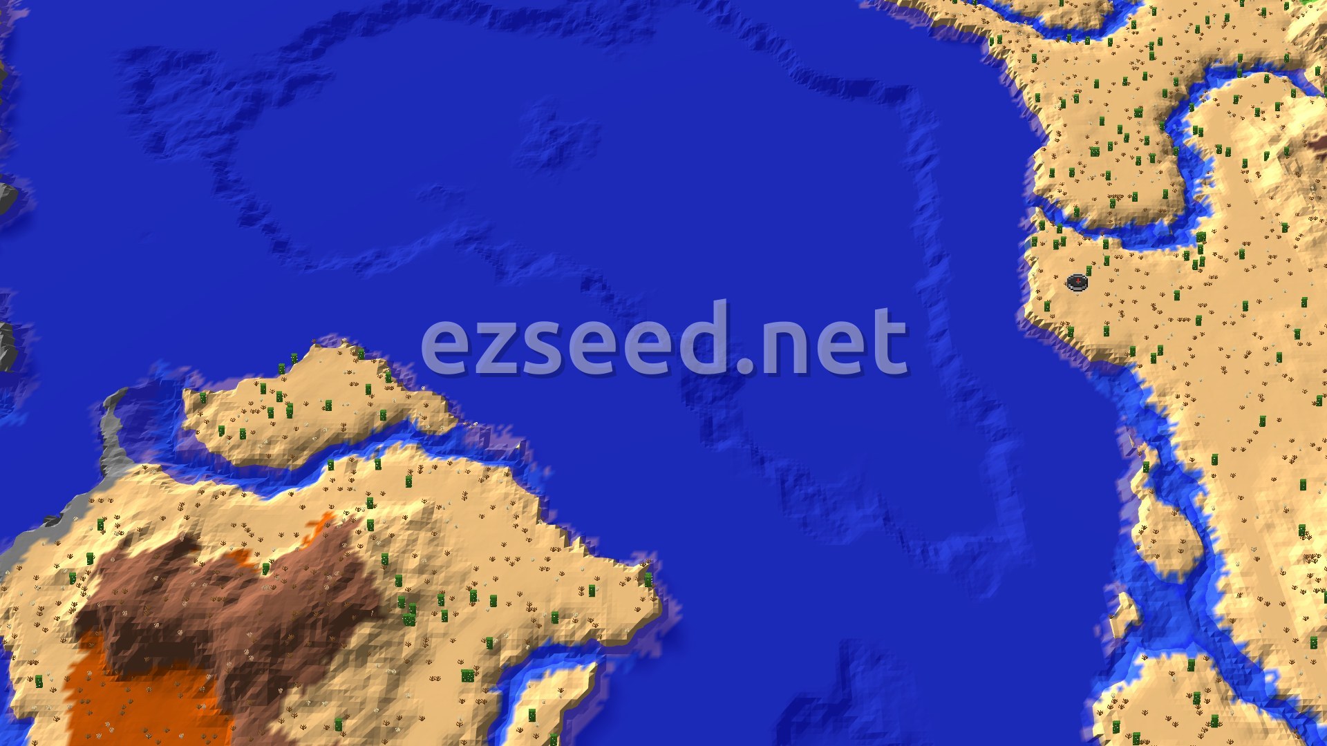 A sandy desert coastline dotted with cacti curves around a wide bay of deep blue warm ocean, with a red and brown badlands outcrop in the lower left.