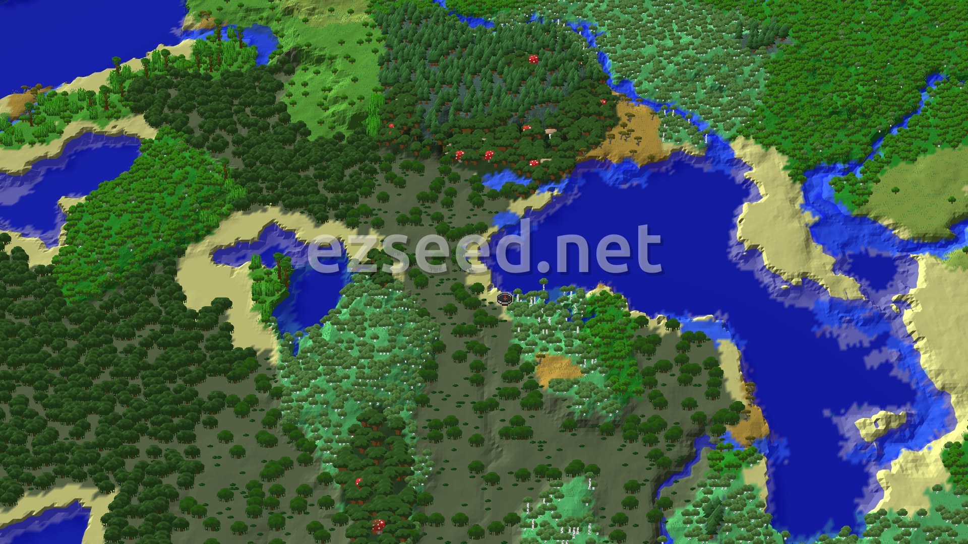 A wide blue lake ringed by sand, with swamp and birch woodland on the near shore, dark forest and red mushrooms to the north, and smaller ponds to the west.