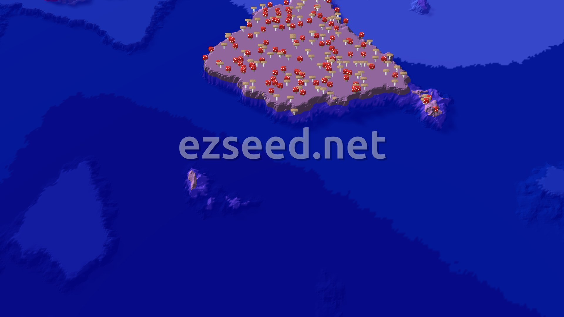 A mushroom-covered island of pale purple ground and red-capped fungi sits in deep blue ocean, with small rocky islets scattered in the water around it.