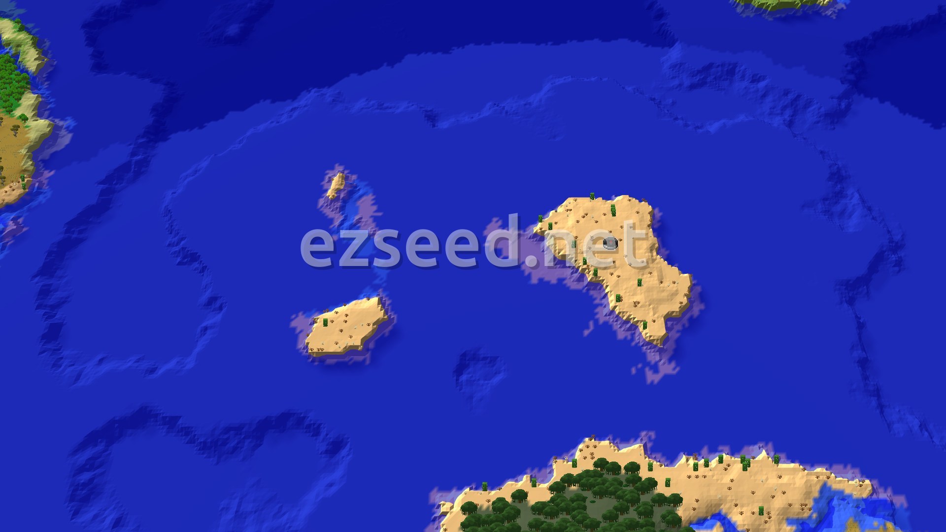An aerial view shows a desert island covered in cacti, surrounded by blue ocean. Other small desert landmasses are visible in the distance, some with sparse trees.