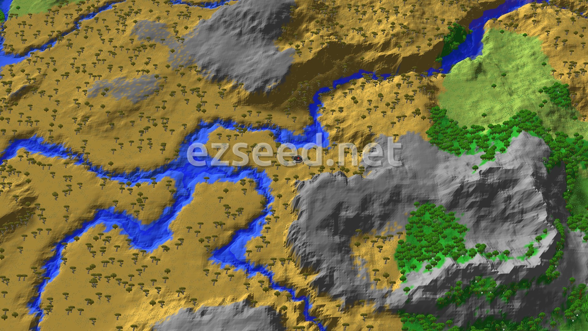 A 3D fly-over of a savanna basin with acacia trees, winding blue rivers, grey stone ridges to the east and green forest on the far side.