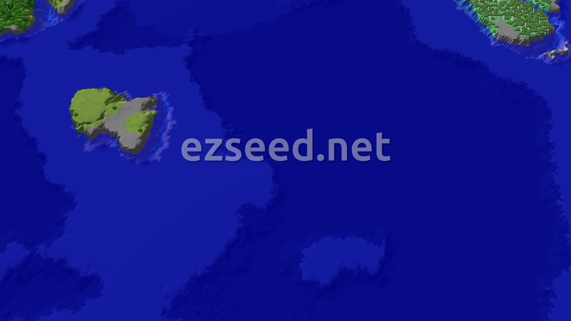 A small grassy island with grey stone patches and a few trees sits in a wide expanse of deep blue ocean, with forested land at the corners.