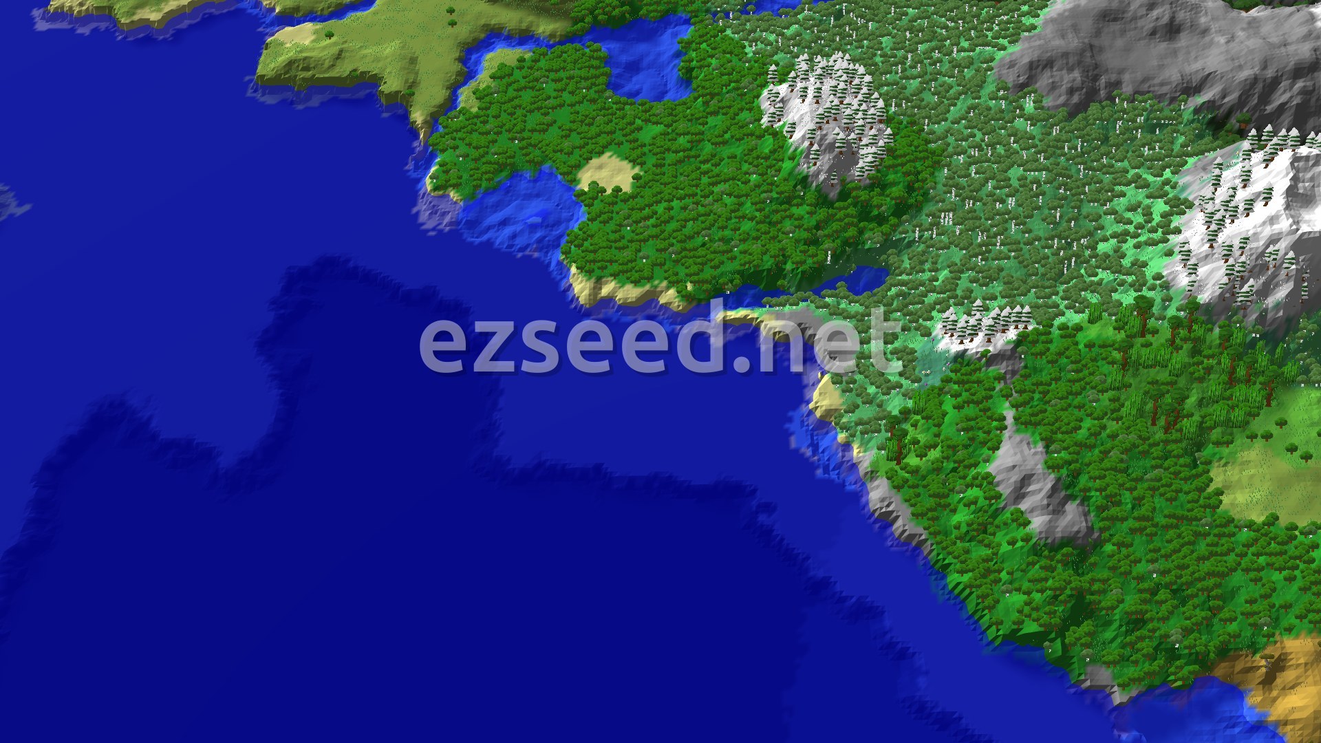 An aerial view shows a large island covered in forests, plains, and some snowy peaks, surrounded by ocean, with a small spawn marker in the center.