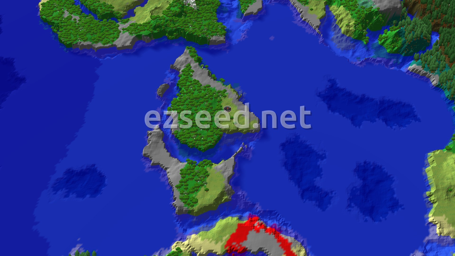 A 3D fly-over view of a large, forested island surrounded by blue ocean, with a small red spawn marker in the center.