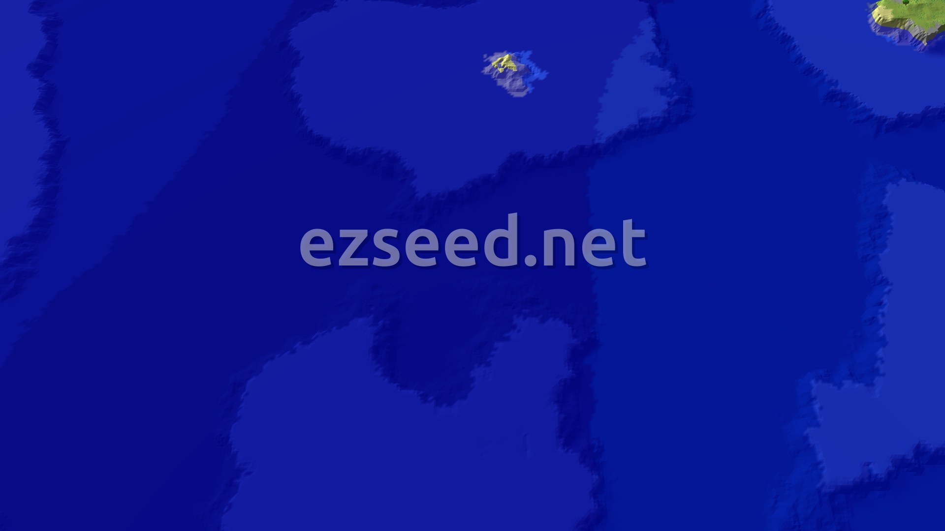 A small, varied island with a spawn marker, surrounded by deep blue ocean, with patches of green, yellow, and white terrain.
