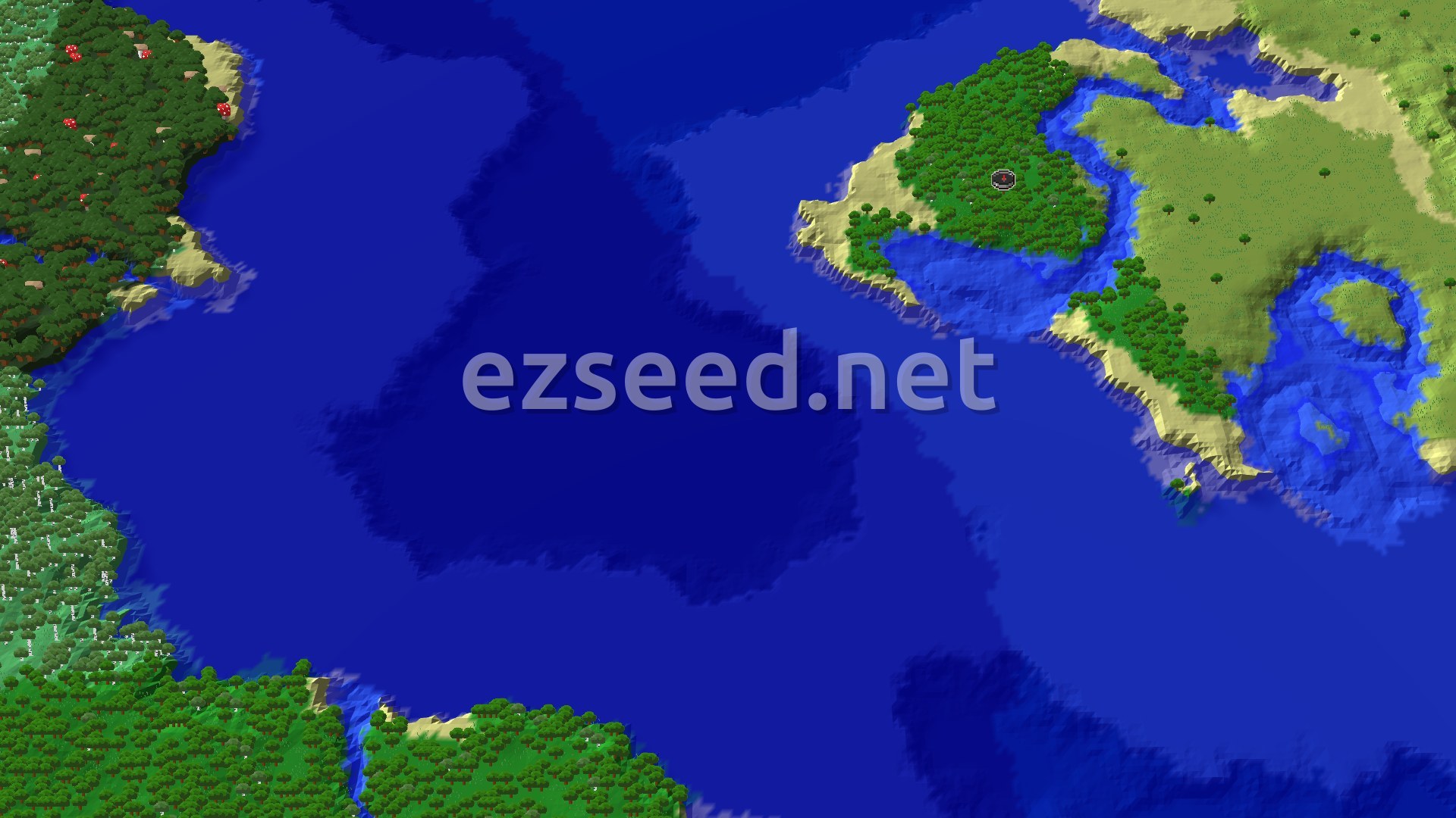 A dense green forest on a sandy-edged island, with open grassland just across a narrow channel and deep blue ocean on every other side.