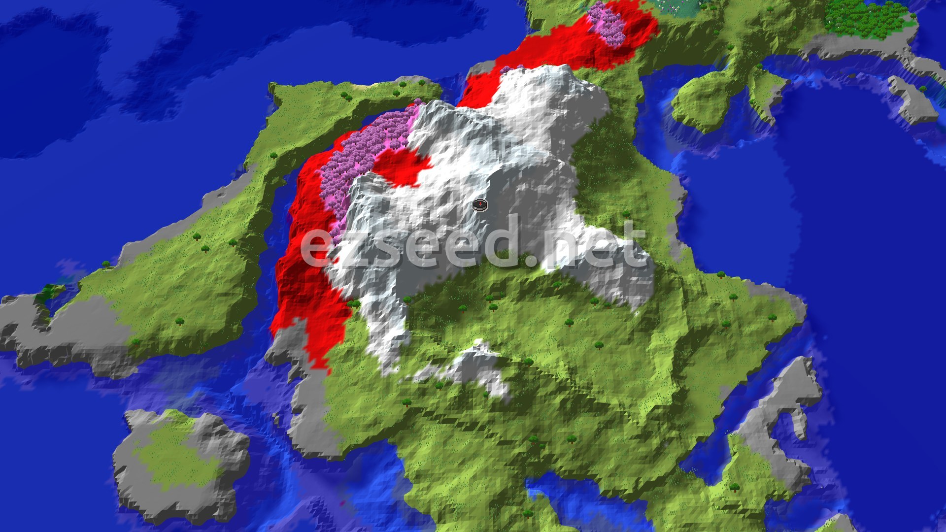 A white snow-capped mountain rises from a green island ringed by blue ocean, with a pink cherry grove clinging to its western slope.