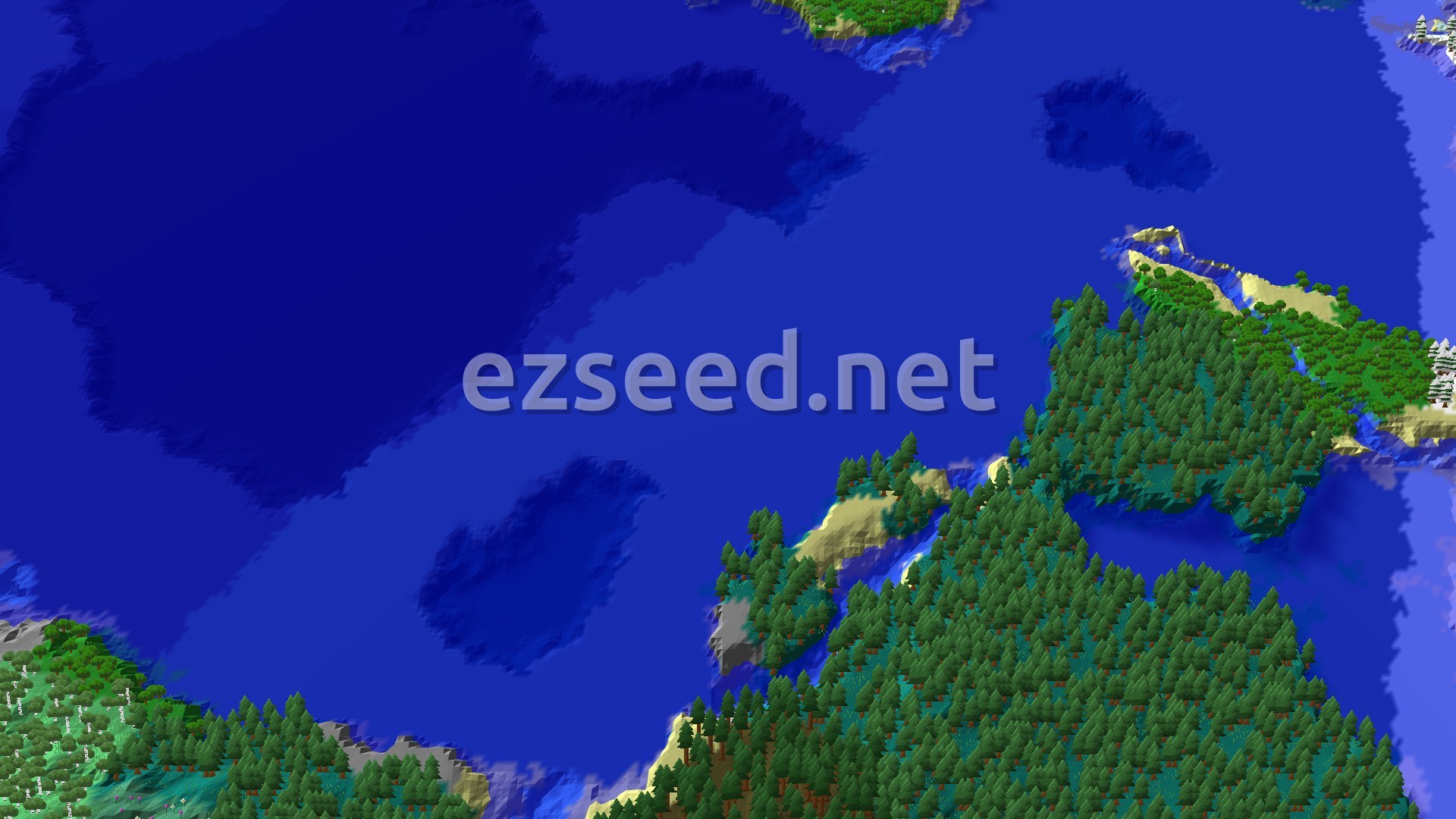 A wide stretch of deep blue ocean with dense green forest and sandy beaches along the shoreline, spawn marker at the centre.
