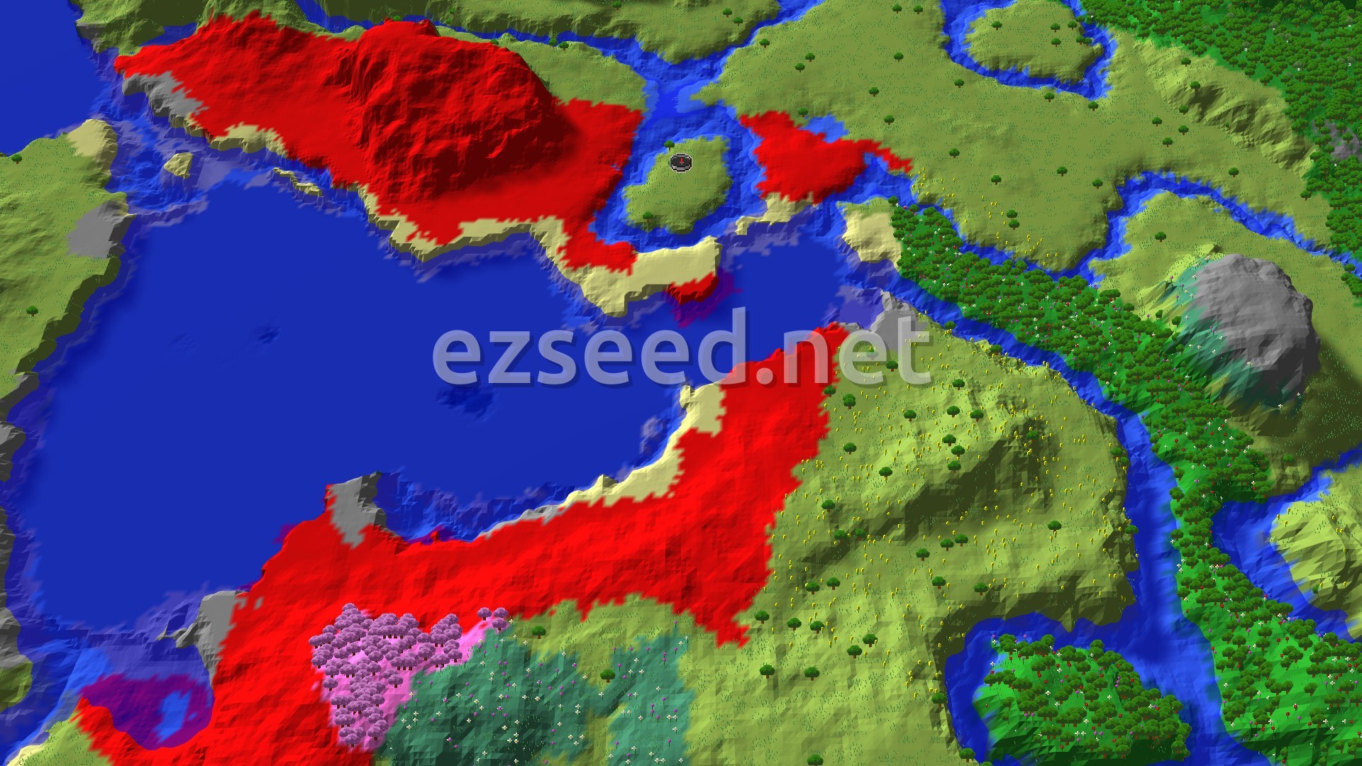 Aerial Minecraft seed map — Plains Island With Dappled Forest and Flower Forest Close By