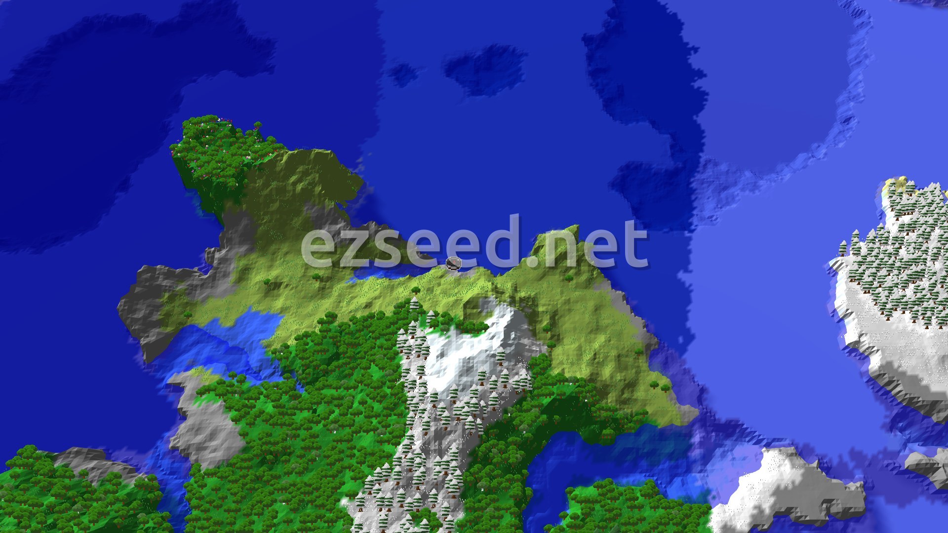 An island with green forests, some snowy peaks, and a small flower forest patch, surrounded by blue ocean.