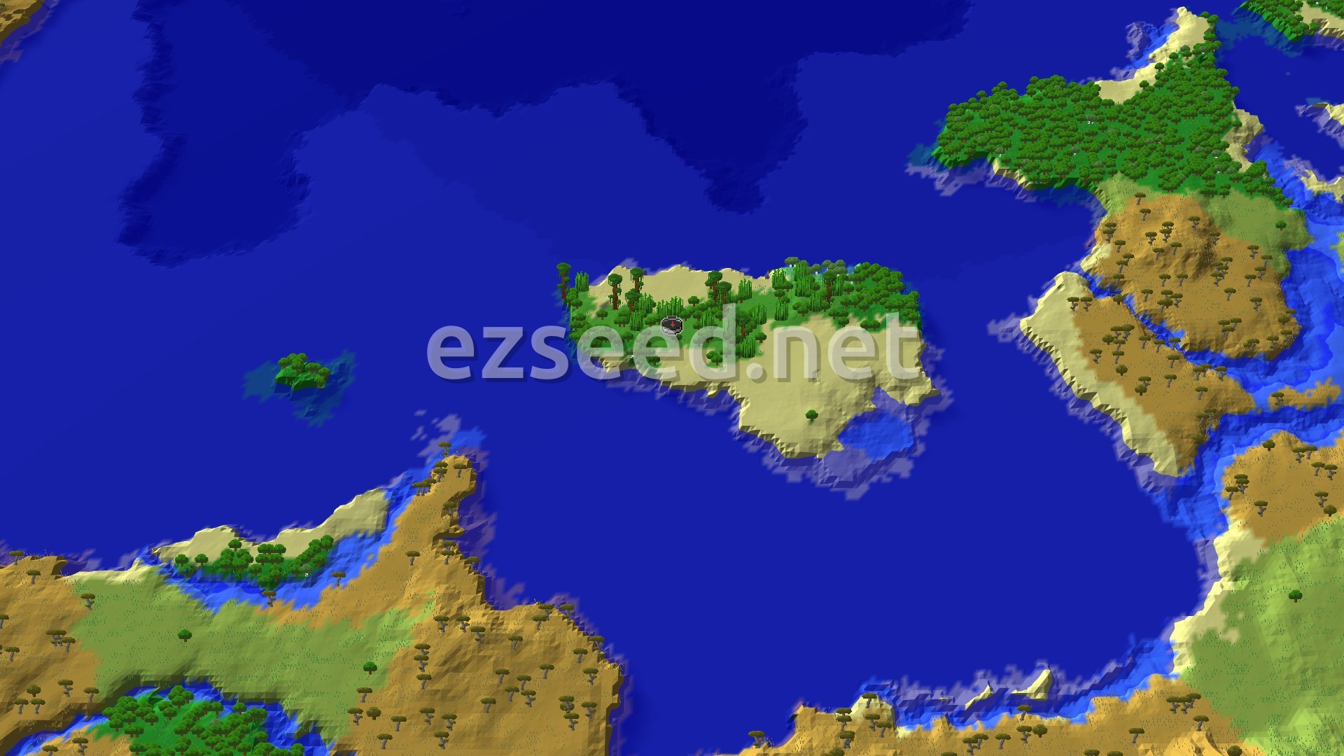 An overhead 3D view of a large island covered in lush jungle and some sandy beach, surrounded by blue ocean. A small spawn marker is visible at the center of the island.