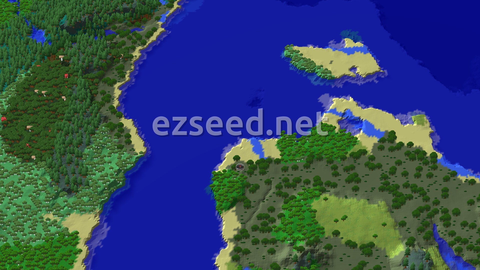 A swampy, sandy coastline beside a wide channel of blue water, with dense dark forest on the far shore and a small sandy island to the north.