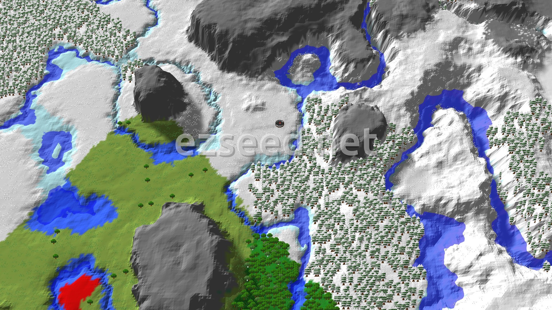 A snow-covered plain with frozen rivers, spruce forest to the east and a green meadow slope to the southwest, ringed by grey rocky hills.