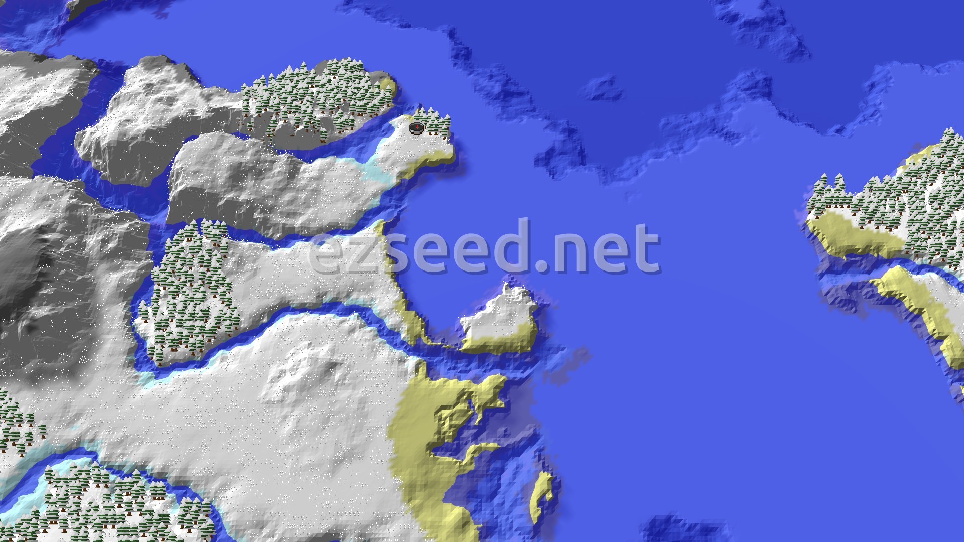 A snow-covered island with spruce trees and pale sand edges, surrounded by blue frozen ocean, with ice-streaked coastline to the west.