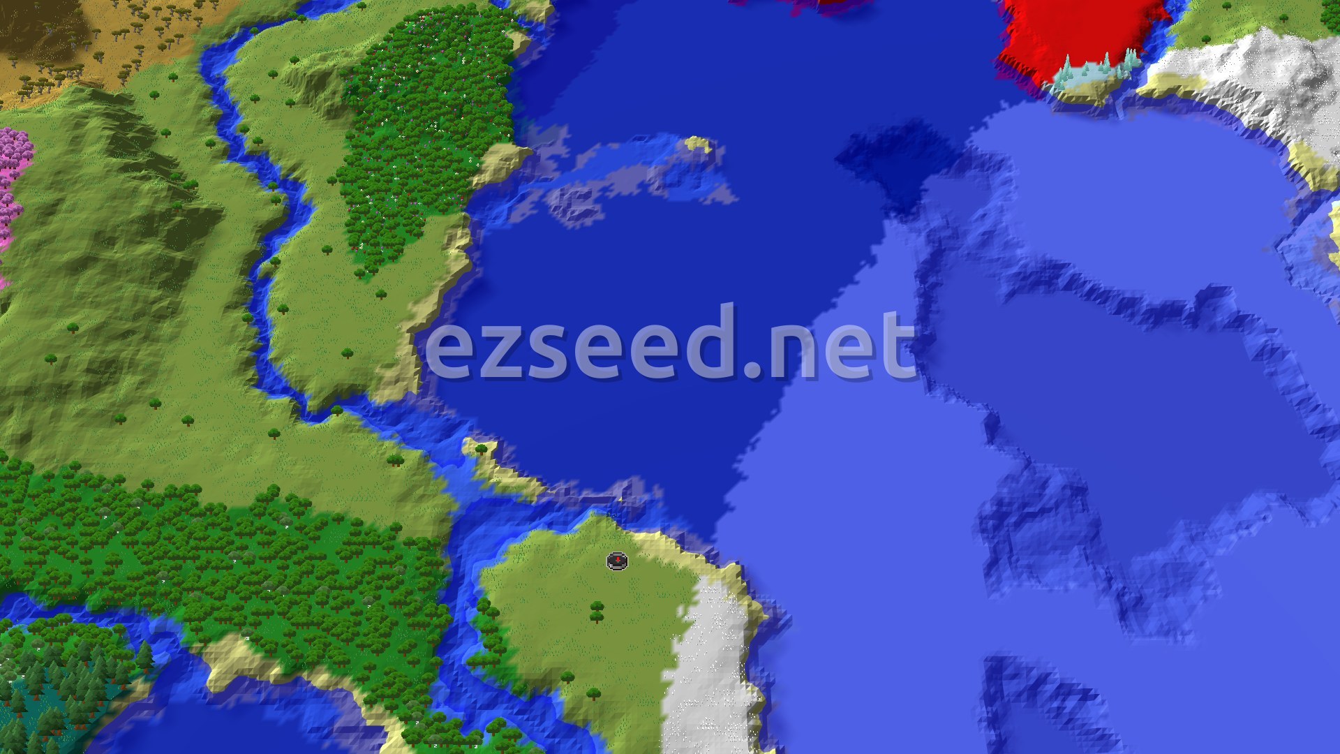 A grassy island with a pale snowy shore on its eastern side, sitting in deep blue water, with forested land across a narrow channel to the west.