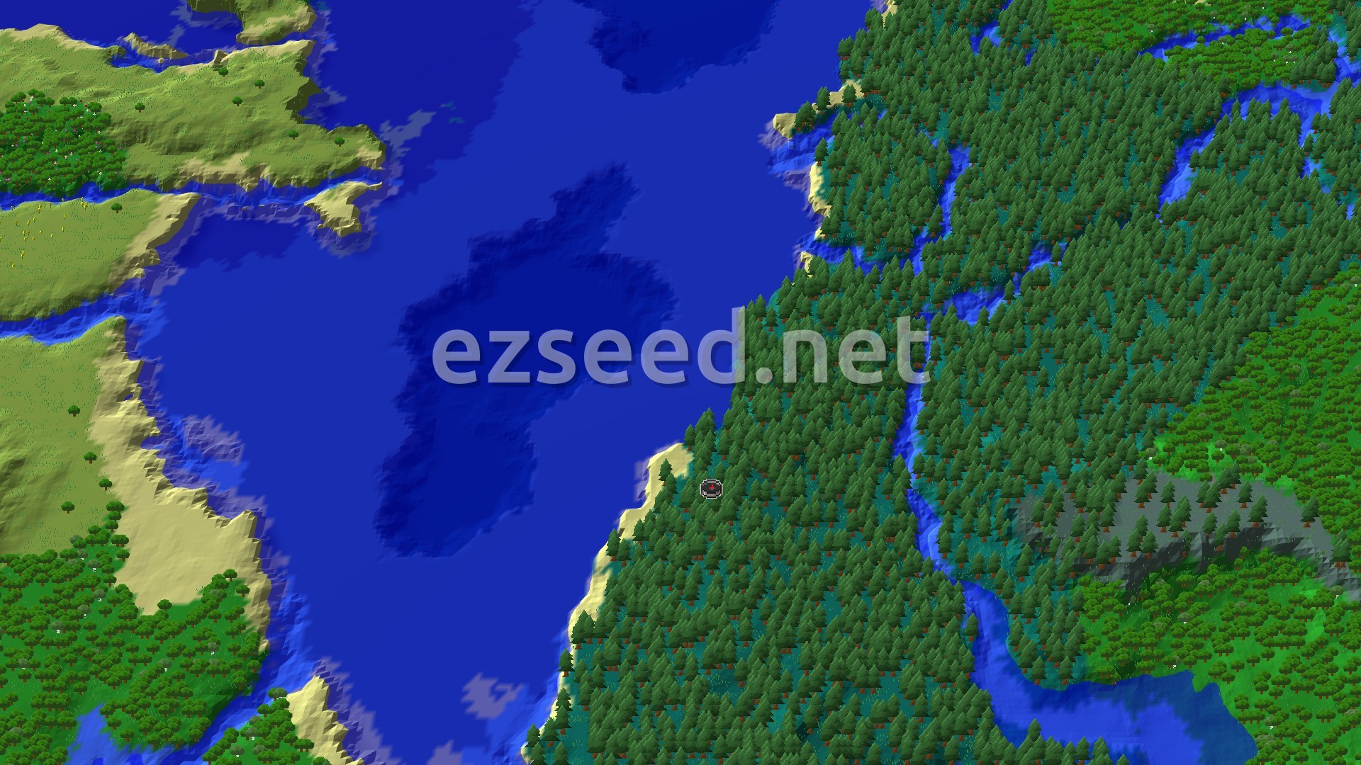 A dense spruce forest on the east side of a wide blue bay, with a sandy beach along the shore and a river cutting through the trees.