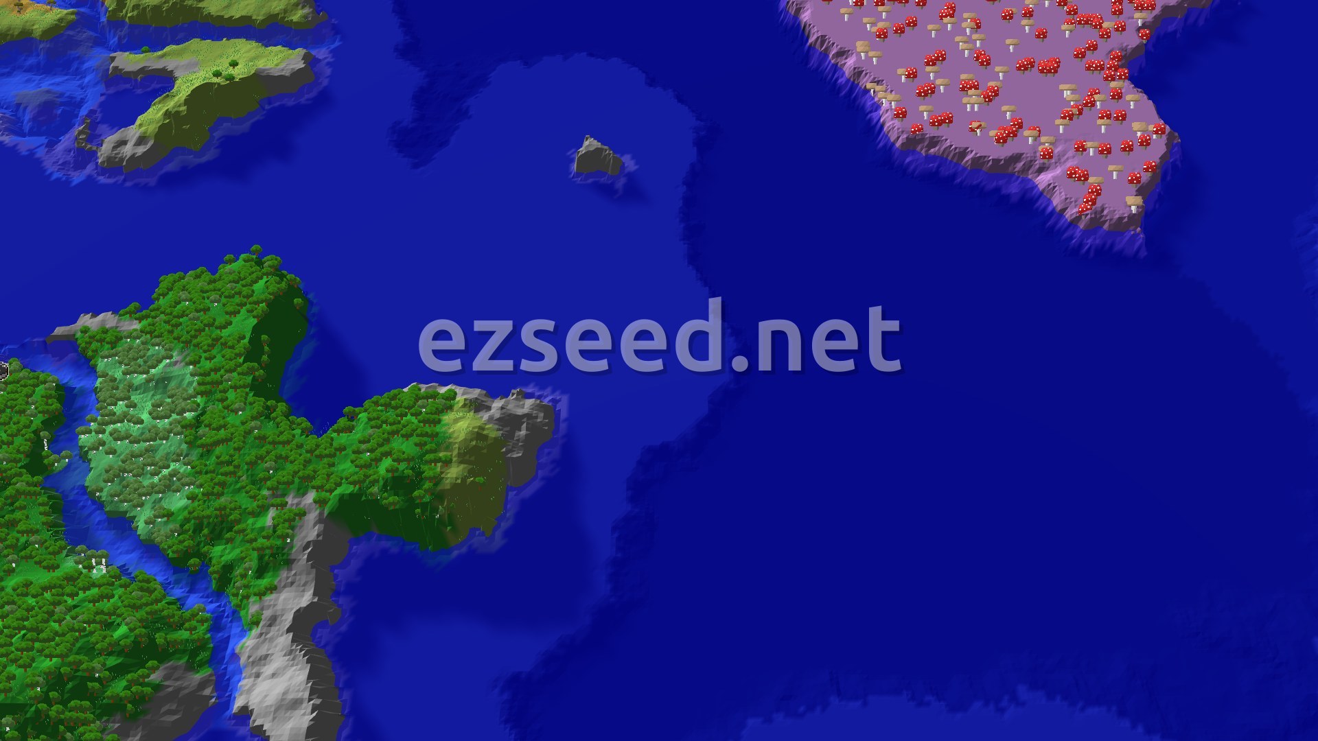 A 3D fly-over of a thick green forest peninsula with grey rocky shores, open deep-blue ocean in the middle, and a mushroom-covered island in the upper right.