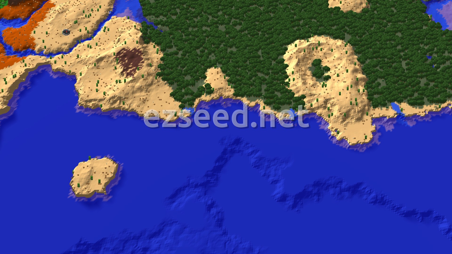 Sandy desert headlands reach into deep blue water, with a dark mangrove canopy behind them and orange badlands bands at the upper left.