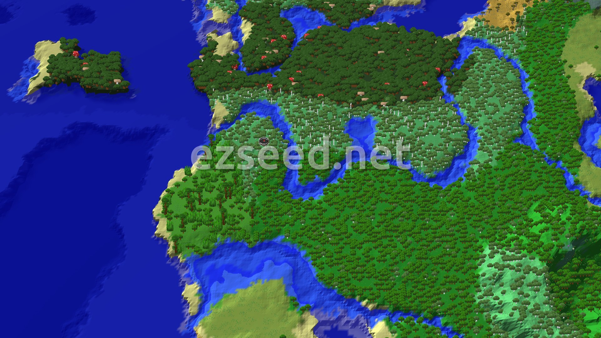 A birch-covered hillside cut by winding rivers, with dark forest and red mushrooms to the north, open ocean to the west and a sandy shoreline along the coast.