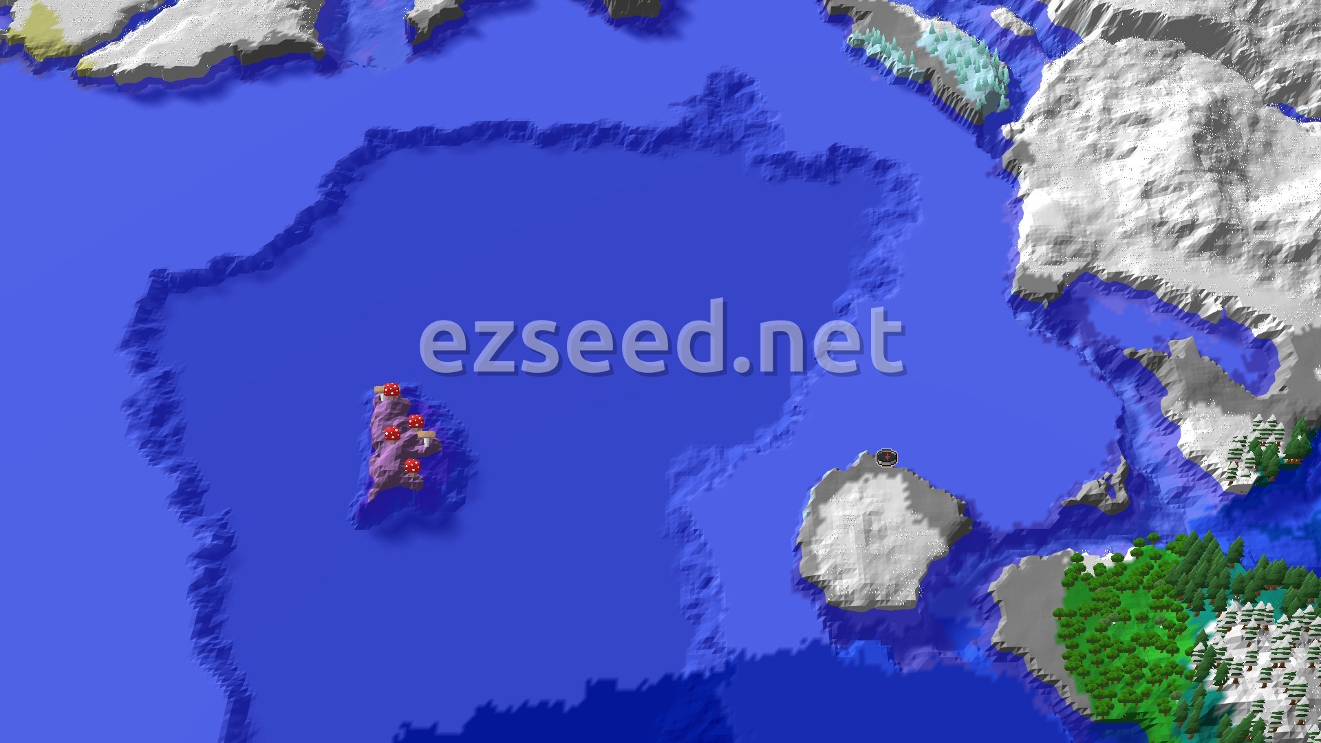A 3D fly-over of a small, white and grey island where the player spawns, surrounded by deep blue water. In the distance, another island with red-capped mushrooms is visible, and further still, vast snow-covered landmasses with scattered evergreen trees.