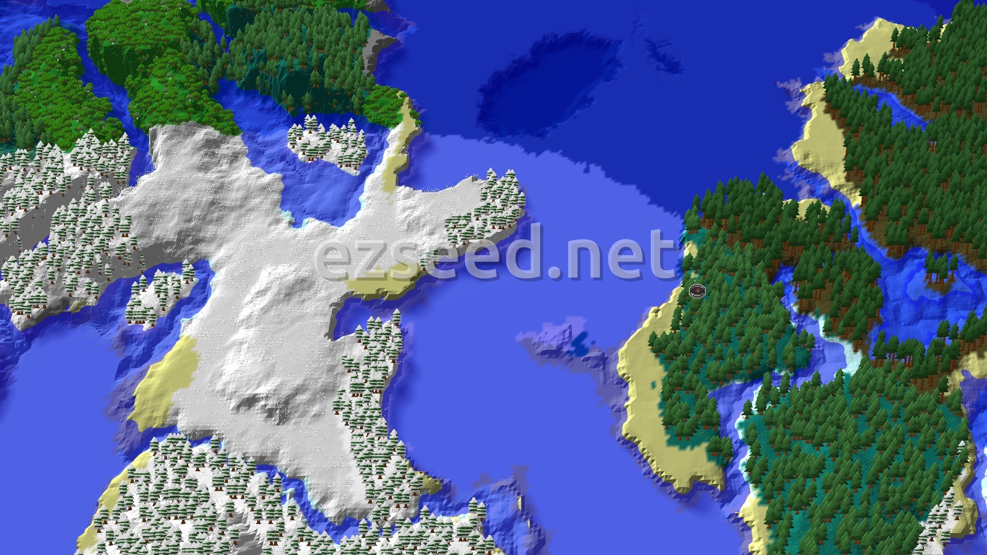 A fly-over of dense spruce forest and sandy beach along an icy bay, with a snowy white landmass and open water to the west.
