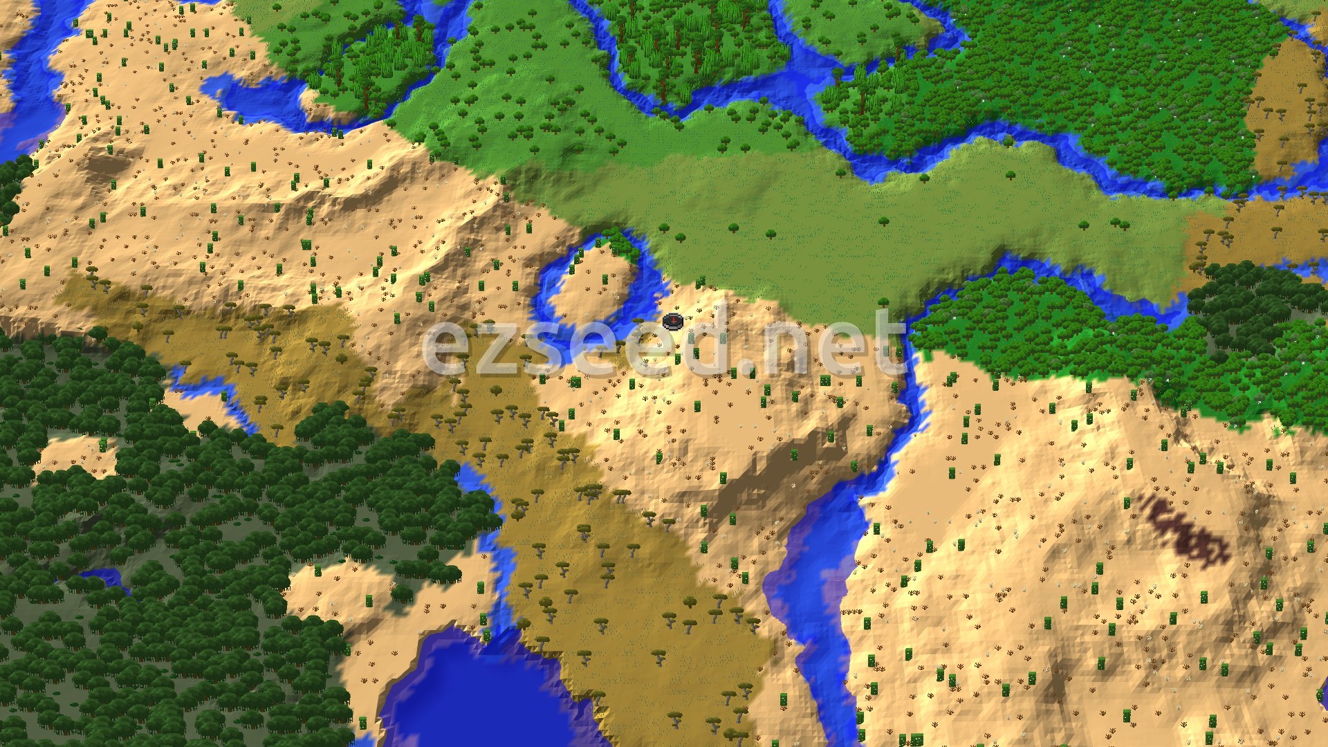 An aerial view of a desert landscape with scattered green trees and cacti, bordered by rivers and patches of green forest and savanna biomes. A spawn marker is at the center.