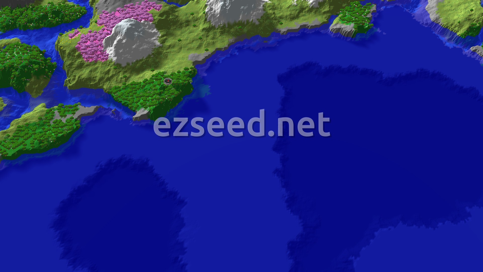 A bird's eye view of a varied landscape featuring dark green forests, light green plains, pink cherry blossom trees, and white snow-capped mountains next to a large blue ocean.