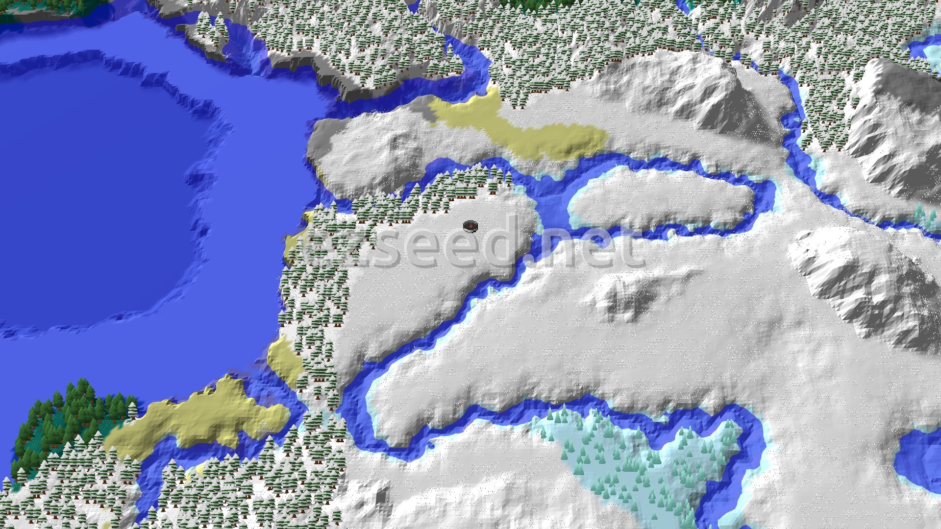 Snow-covered plains broken by frozen rivers, with spruce-covered slopes, pale sandy patches and a large frozen ocean to the west.
