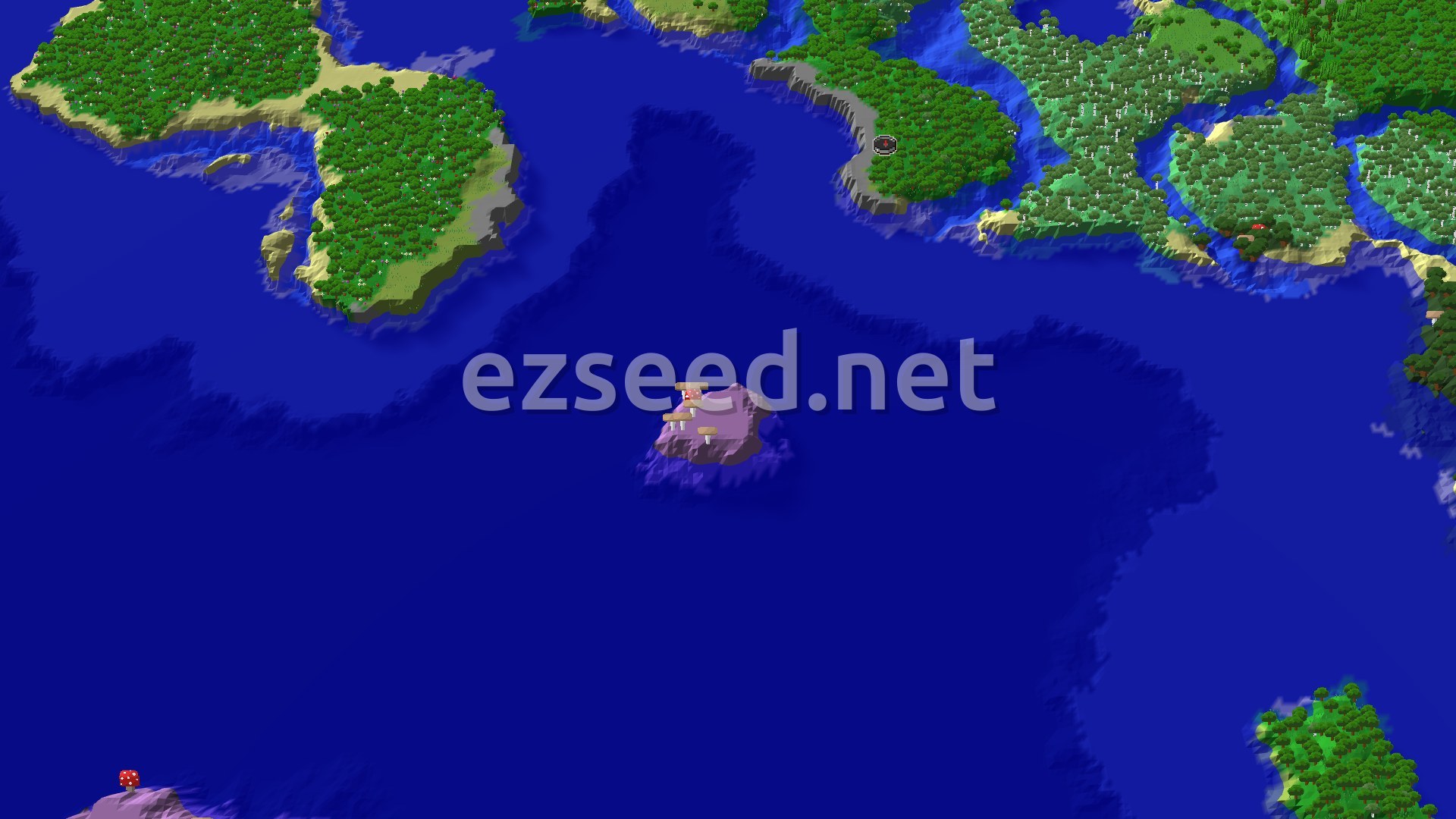 A 3D fly-over of a forested coastline with sandy beaches and a gray stony shore, facing a wide stretch of deep blue ocean with a small mushroom islet in the middle.