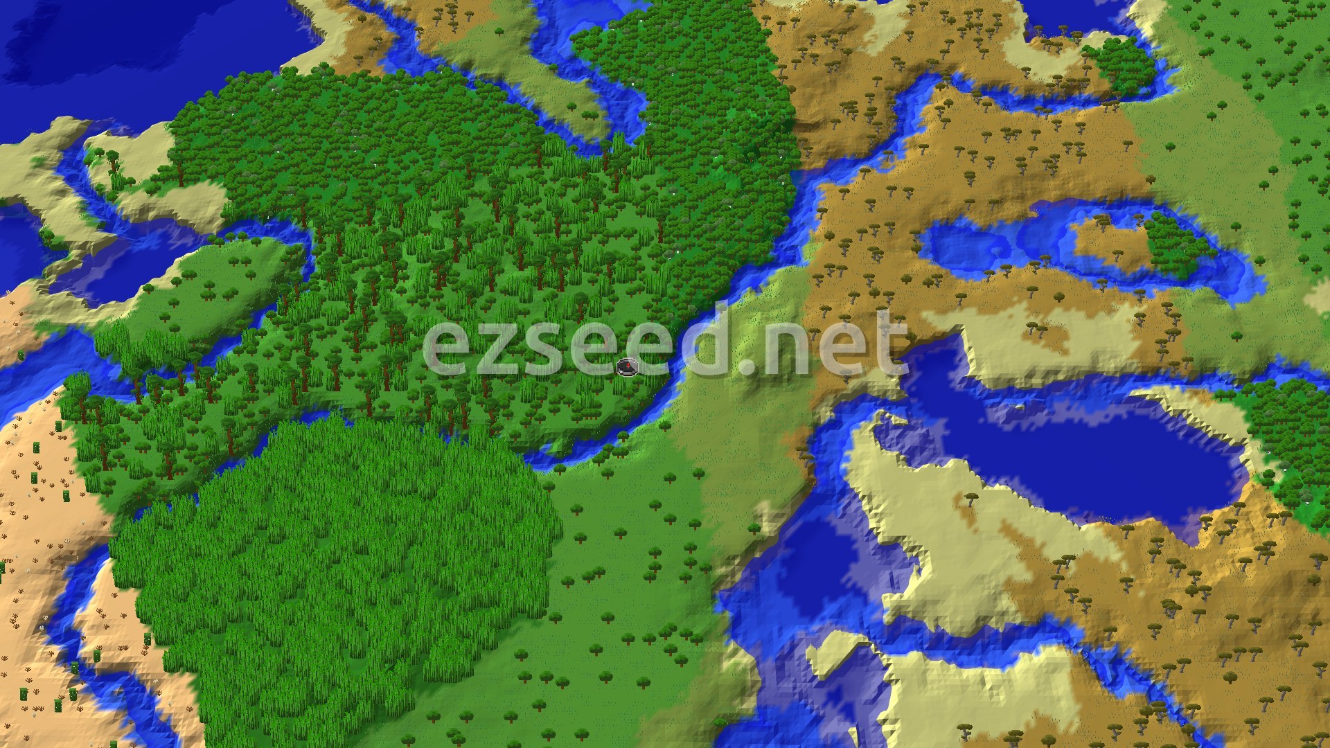An aerial view of a large jungle biome with rivers winding through it, bordered by savanna and ocean.